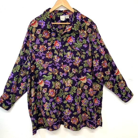 Roamans Shirt Woman 2X  Purple Floral Button Up Long Sleeve Tunic  Side Colorful - Picture 1 of 11